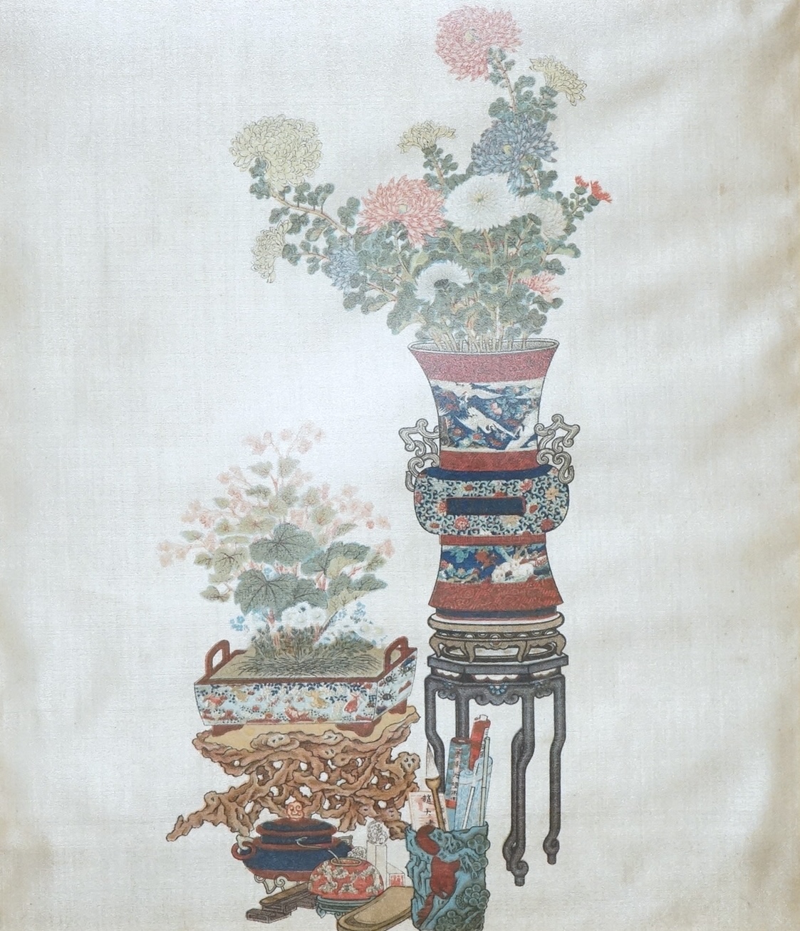 Chinese school, painting on silk, still life of flowers in a jardinière, 25 x 21cm